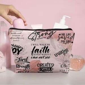 Inspirational Bible Verse Pink Cosmetic Zip Bag for Women